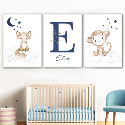 Cute Animals Moon & Stars Personalized Name Nursery Wall Art For Baby's Room Decor