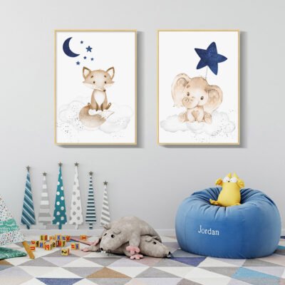 Cute Animals Moon & Stars Personalized Name Nursery Wall Art For Baby's Room Decor