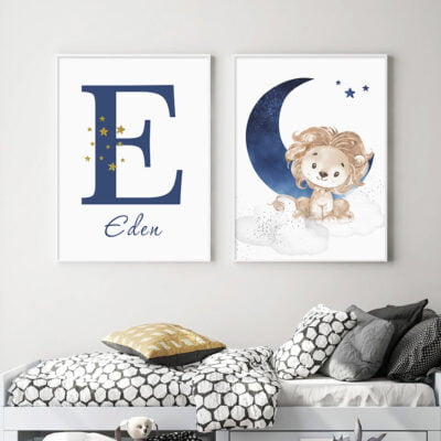 Cute Animals Moon & Stars Personalized Name Nursery Wall Art For Baby's Room Decor