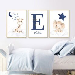 Cute Animals Moon & Stars Personalized Name Nursery Wall Art For Baby's Room Decor