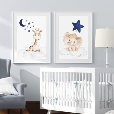 Cute Animals Moon & Stars Personalized Name Nursery Wall Art For Baby's Room Decor