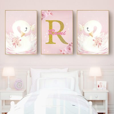 Cute Pink Golden White Swan Nursery Wall Art Personalized Pictures For Baby Girl's Room