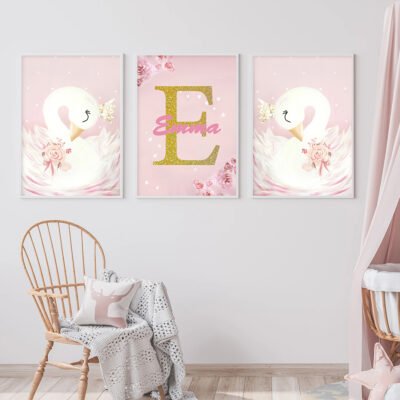 Cute Pink Golden White Swan Nursery Wall Art Personalized Pictures For Baby Girl's Room