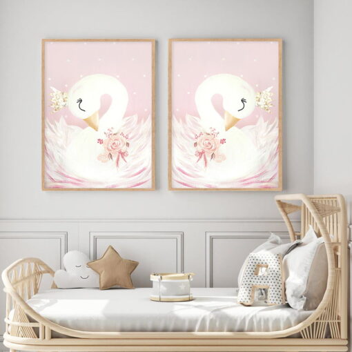 Cute Pink Golden White Swan Nursery Wall Art Personalized Pictures For Baby Girl's Room