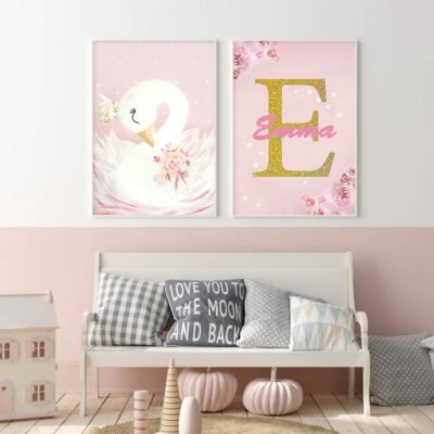 Cute Pink Golden White Swan Nursery Wall Art Personalized Pictures For Baby Girl's Room