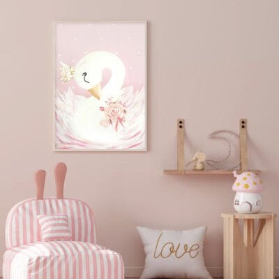 Cute Pink Golden White Swan Nursery Wall Art Personalized Pictures For Baby Girl's Room