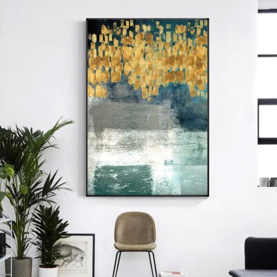 Golden Jade Green Contemporary Abstract Wall Art Pictures For Home Office Interior Decor