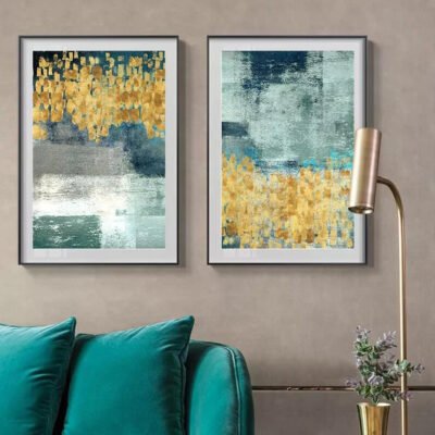 Golden Jade Green Contemporary Abstract Wall Art Pictures For Home Office Interior Decor