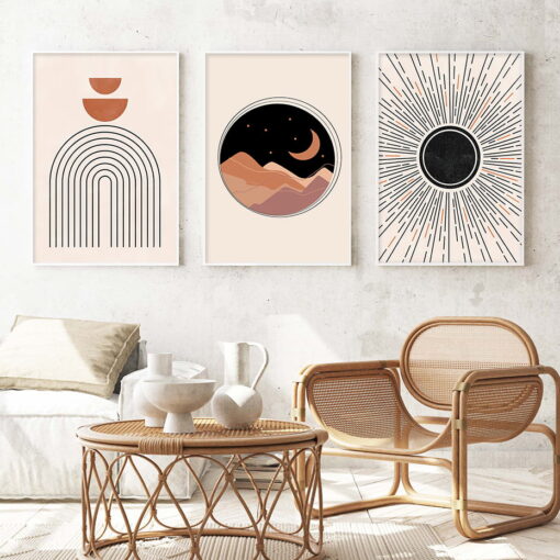 Mid Century Retro Abstract Moon & Sun Landscape Pictures For Modern Living Room Decor