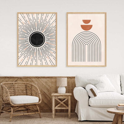 Mid Century Retro Abstract Moon & Sun Landscape Pictures For Modern Living Room Decor