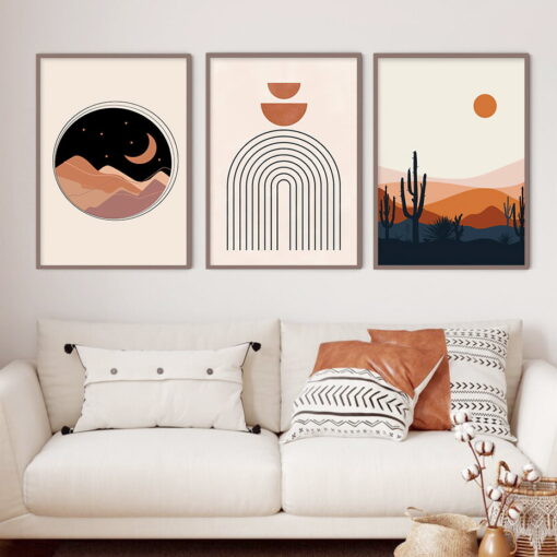 Mid Century Retro Abstract Moon & Sun Landscape Pictures For Modern Living Room Decor