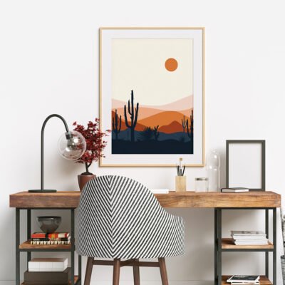 Mid Century Retro Abstract Moon & Sun Landscape Pictures For Modern Living Room Decor