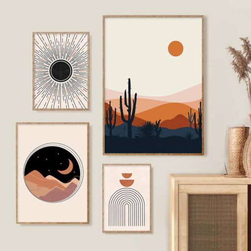 Mid Century Retro Abstract Moon & Sun Landscape Pictures For Modern Living Room Decor