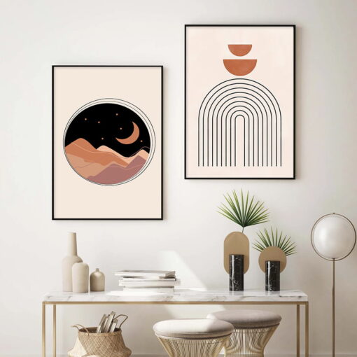 Mid Century Retro Abstract Moon & Sun Landscape Pictures For Modern Living Room Decor