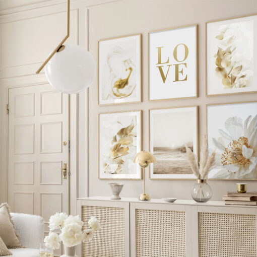 Minimalist Golden White Floral Wall Decor Lifestyle Gallery Wall Art Pictures For Living Room