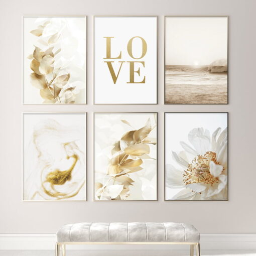 Minimalist Golden White Floral Wall Decor Lifestyle Gallery Wall Art Pictures For Living Room