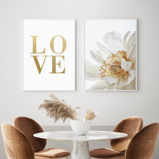Minimalist Golden White Floral Wall Decor Lifestyle Gallery Wall Art Pictures For Living Room