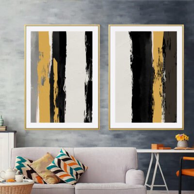 Modern Abstract Black Gray Yellow Thick Oil Brush Fine Art Canvas Prints For Home Office Decor