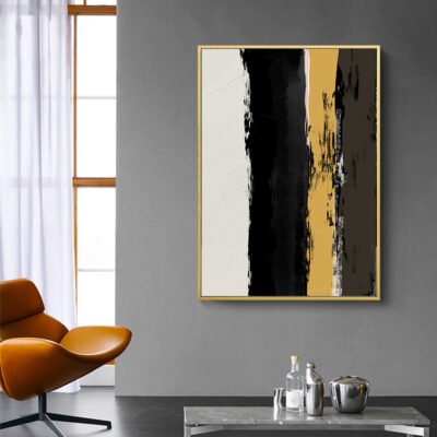 Modern Abstract Black Gray Yellow Thick Oil Brush Fine Art Canvas Prints For Home Office Decor