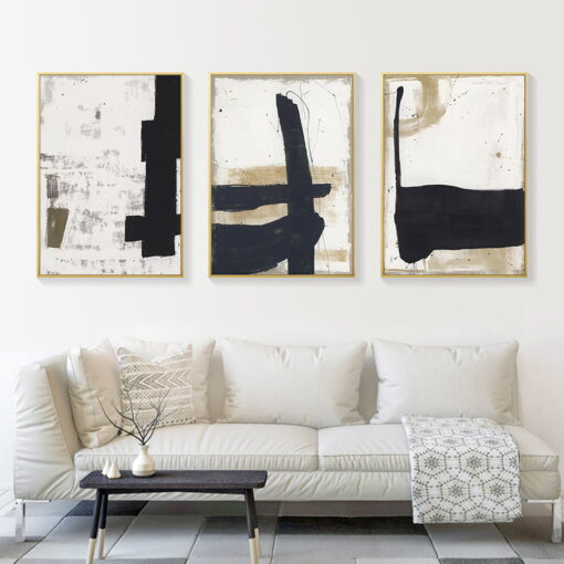 Modern Abstract Bold Black Ink Beige Color Block Wall Art Pictures For Living Room Wall Decor