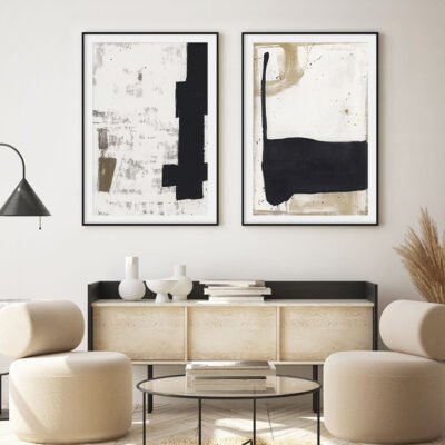 Modern Abstract Bold Black Ink Beige Color Block Wall Art Pictures For Living Room Wall Decor