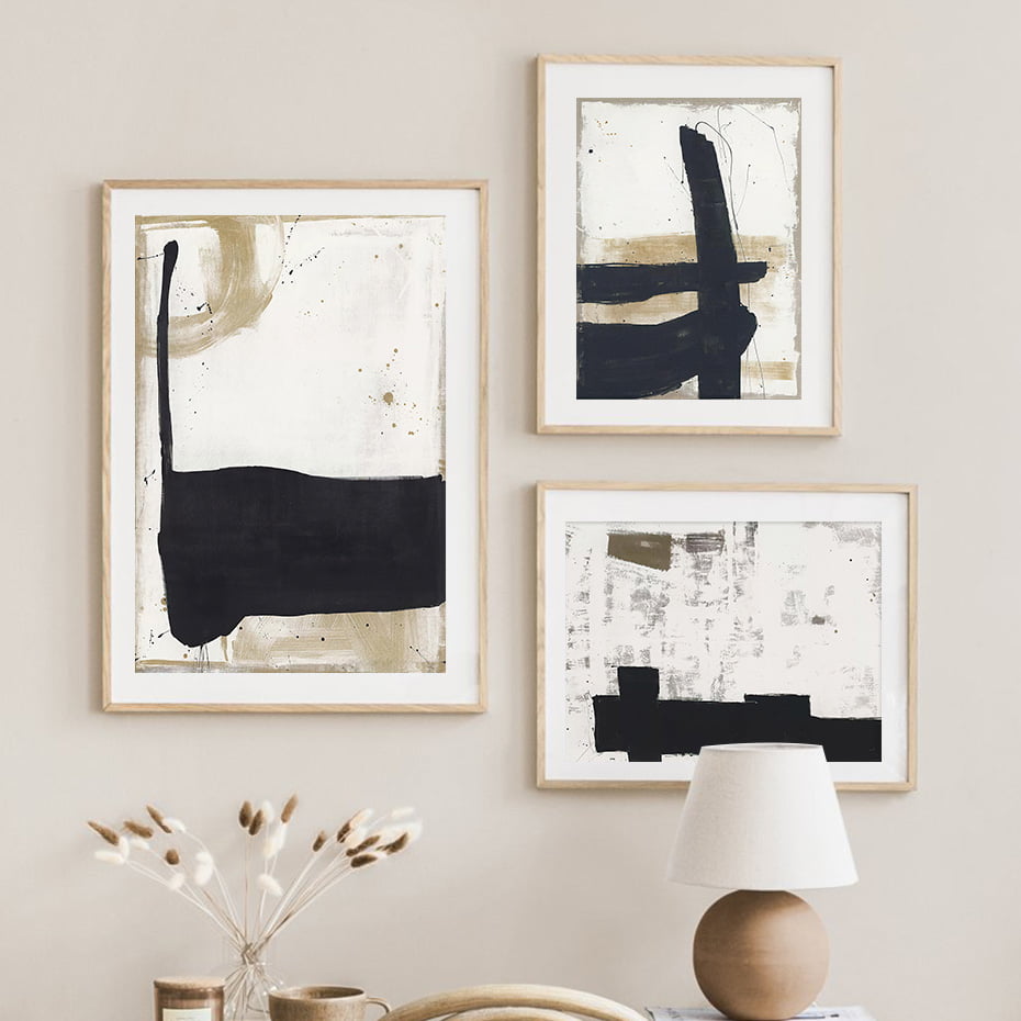 Modern Abstract Bold Black Ink Beige Color Block Wall Art Pictures For Living Room Wall Decor