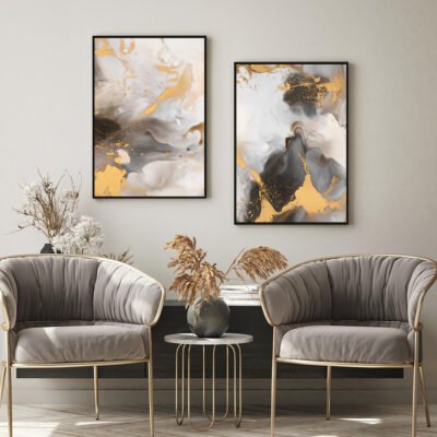 Modern Abstract Grey Beige Golden Marble Effect Wall Art Fine Art Canvas Prints