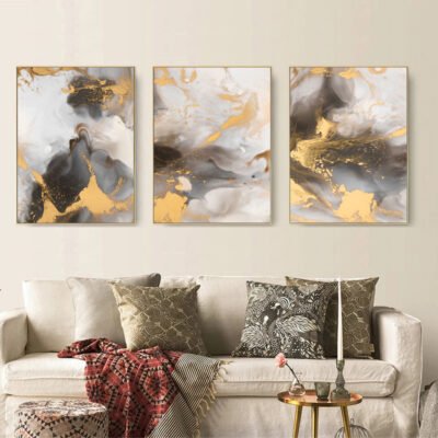 Modern Abstract Grey Beige Golden Marble Effect Wall Art Fine Art Canvas Prints