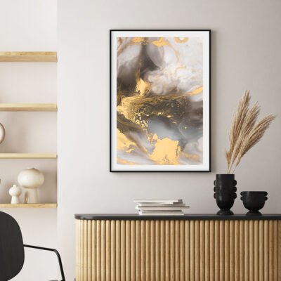 Modern Abstract Grey Beige Golden Marble Effect Wall Art Fine Art Canvas Prints