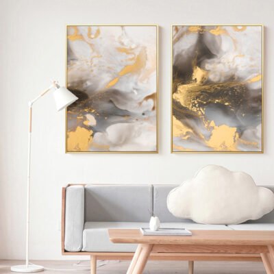 Modern Abstract Grey Beige Golden Marble Effect Wall Art Fine Art Canvas Prints