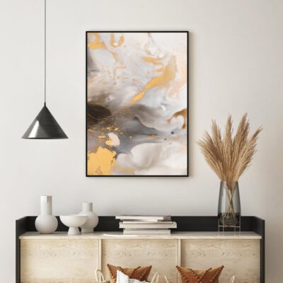 Modern Abstract Grey Beige Golden Marble Effect Wall Art Fine Art Canvas Prints