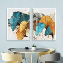 Modern Exotic Golden Blue Jade Floral Botanical Wall Art Pictures For Luxury Living Room Decor