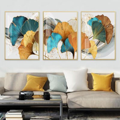 Modern Exotic Golden Blue Jade Floral Botanical Wall Art Pictures For Luxury Living Room Decor