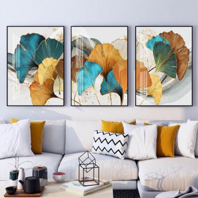 Modern Exotic Golden Blue Jade Floral Botanical Wall Art Pictures For Luxury Living Room Decor