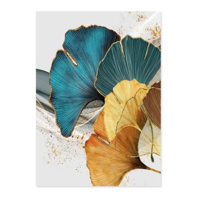 Modern Exotic Golden Blue Jade Floral Botanical Wall Art Pictures For Luxury Living Room Decor