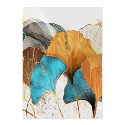 Modern Exotic Golden Blue Jade Floral Botanical Wall Art Pictures For Luxury Living Room Decor