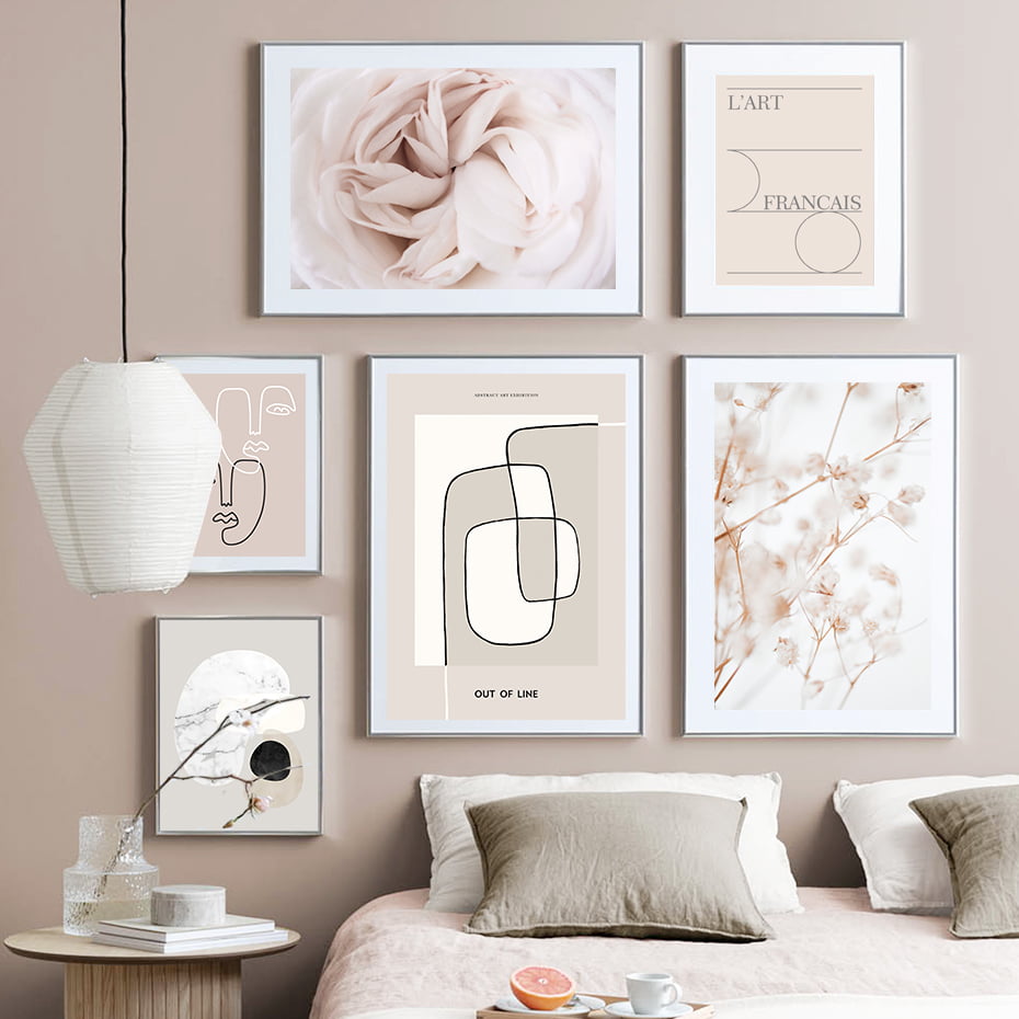 Modern Pink Beige Floral Line Art Abstract Wall Art Fine Art Canvas Prints For Living Room