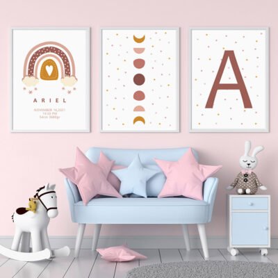 Moon Rainbow Hearts Customized Children's Name Birthdate Nursery Wall Art Decor