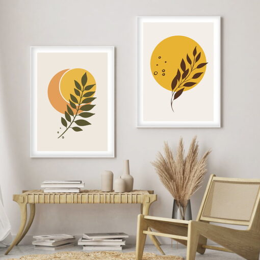 Moon Sun Yellow Orange Geometric Abstract Wall Art Fine Art Canvas Prints For Living Room