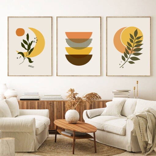 Moon Sun Yellow Orange Geometric Abstract Wall Art Fine Art Canvas Prints For Living Room