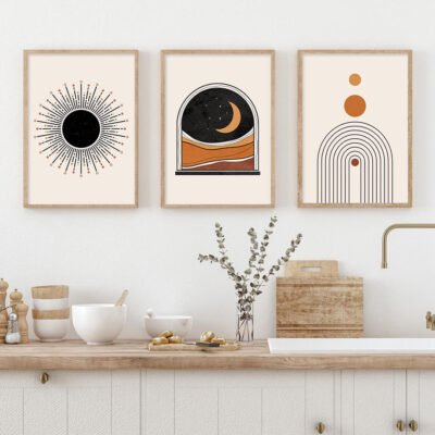 Retro Abstract Geometric Sun Moon Wall Decor Pictures For Modern Apartment Living Room