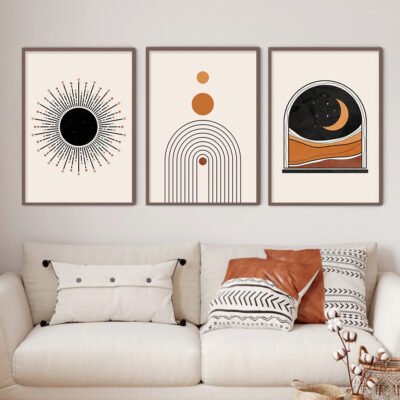 Retro Abstract Geometric Sun Moon Wall Decor Pictures For Modern Apartment Living Room