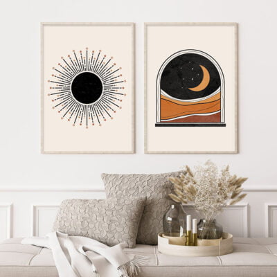 Retro Abstract Geometric Sun Moon Wall Decor Pictures For Modern Apartment Living Room