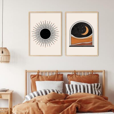 Retro Abstract Geometric Sun Moon Wall Decor Pictures For Modern Apartment Living Room