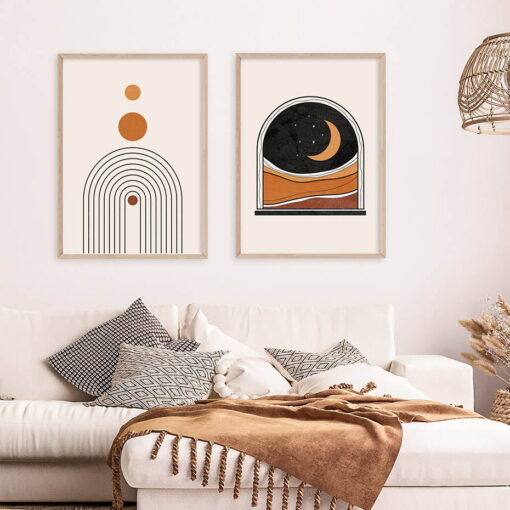 Retro Abstract Geometric Sun Moon Wall Decor Pictures For Modern Apartment Living Room