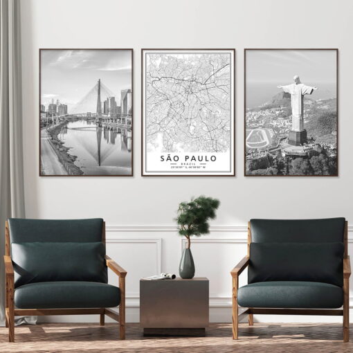 Sao Paulo Brazil City Map Wall Art Fine Art Canvas Prints Black & White Pictures For Home Office