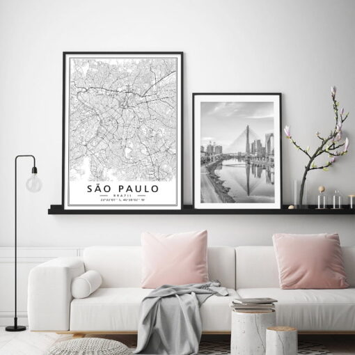 Sao Paulo Brazil City Map Wall Art Fine Art Canvas Prints Black & White Pictures For Home Office