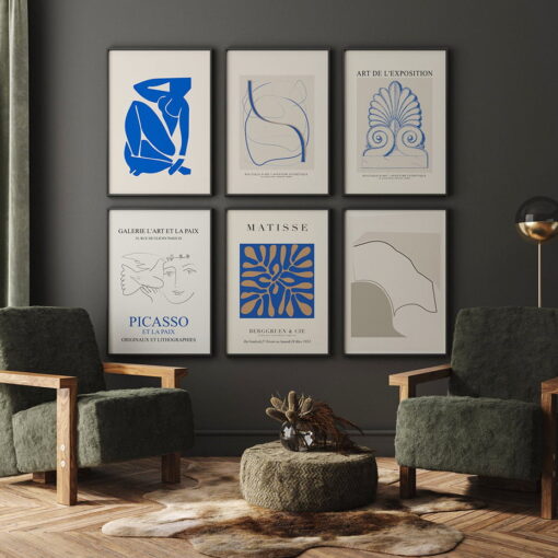 Vintage Blue Abstract Art Exposition Poster Gallery Wall Art Pictures For Modern Living Room