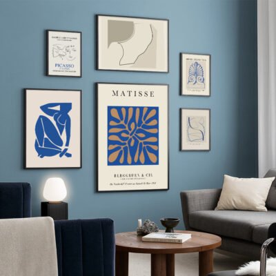 Vintage Blue Abstract Art Exposition Poster Gallery Wall Art Pictures For Modern Living Room