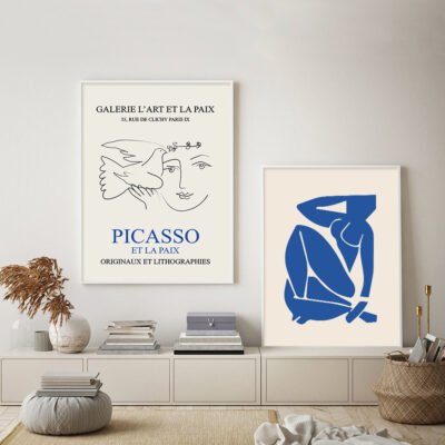 Vintage Blue Abstract Art Exposition Poster Gallery Wall Art Pictures For Modern Living Room